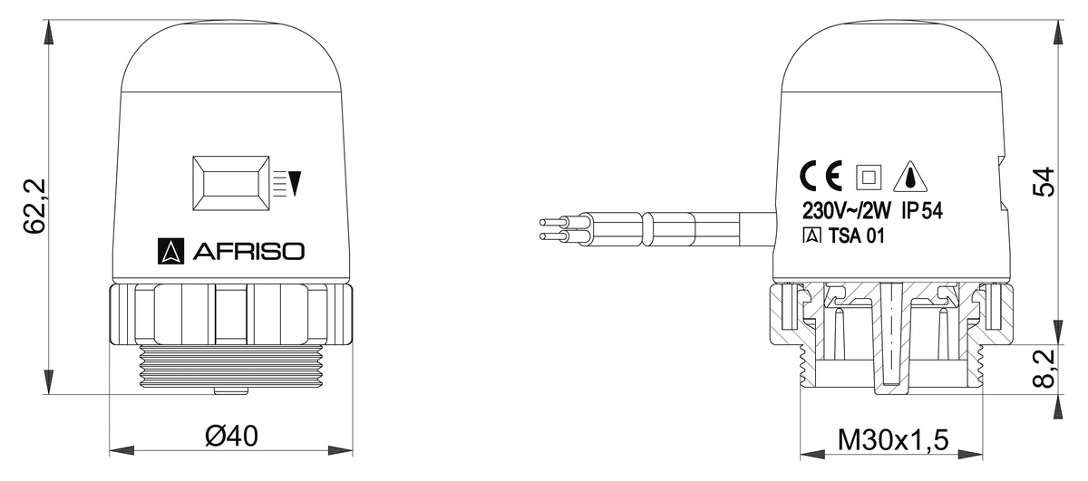 AFRISO Thermischer Stellantrieb TSA 01 M30x1,5 AG NC AC230V 90N 1m BEF 9040