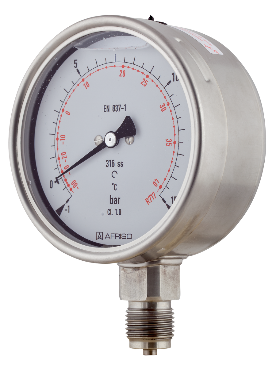 AFRISO Rohrfeder-Manometer RF100KTGly -1/+15bar G1/2B radial Kl.1,0 D802 für die Kältetechnik, mit Glyzerinfüllung SAR 52900
