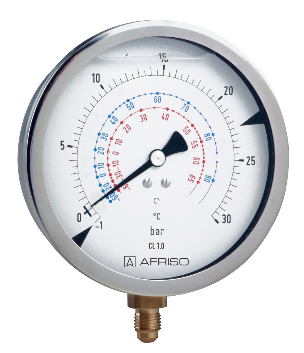 AFRISO Rohrfeder-Manometer RF100KTGly -1/30bar 7/16-20UNF radial Kl.1,0 D701 für die Kältetechnik, mit Glyzerinfüllung SAL 52620