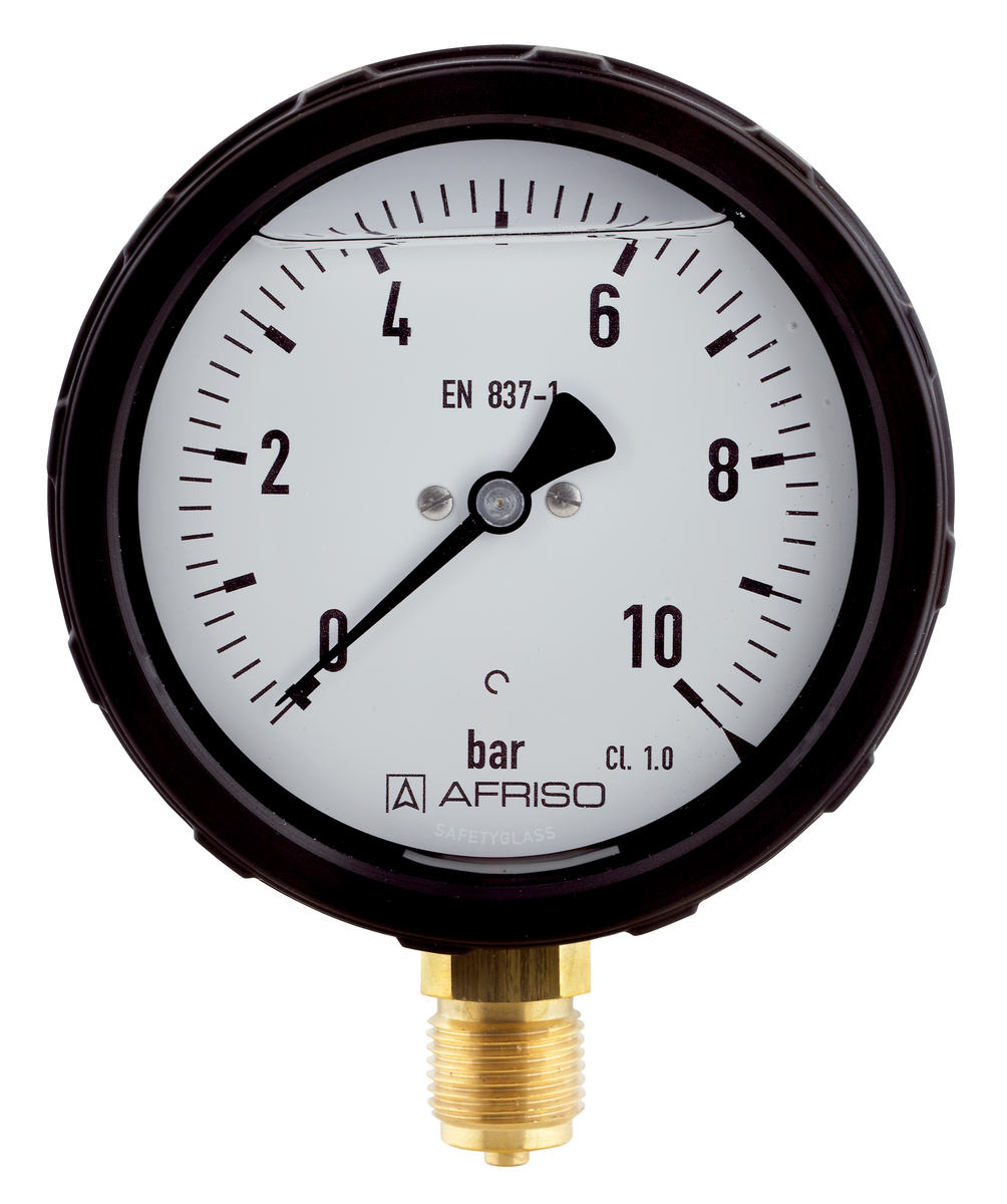 AFRISO Rohrfeder-Manometer RF100GlySR 0/10bar G1/2B radial Kl.1,0 D601 mit Schraubringgehäuse und Glyzerinfüllung VOR 45670