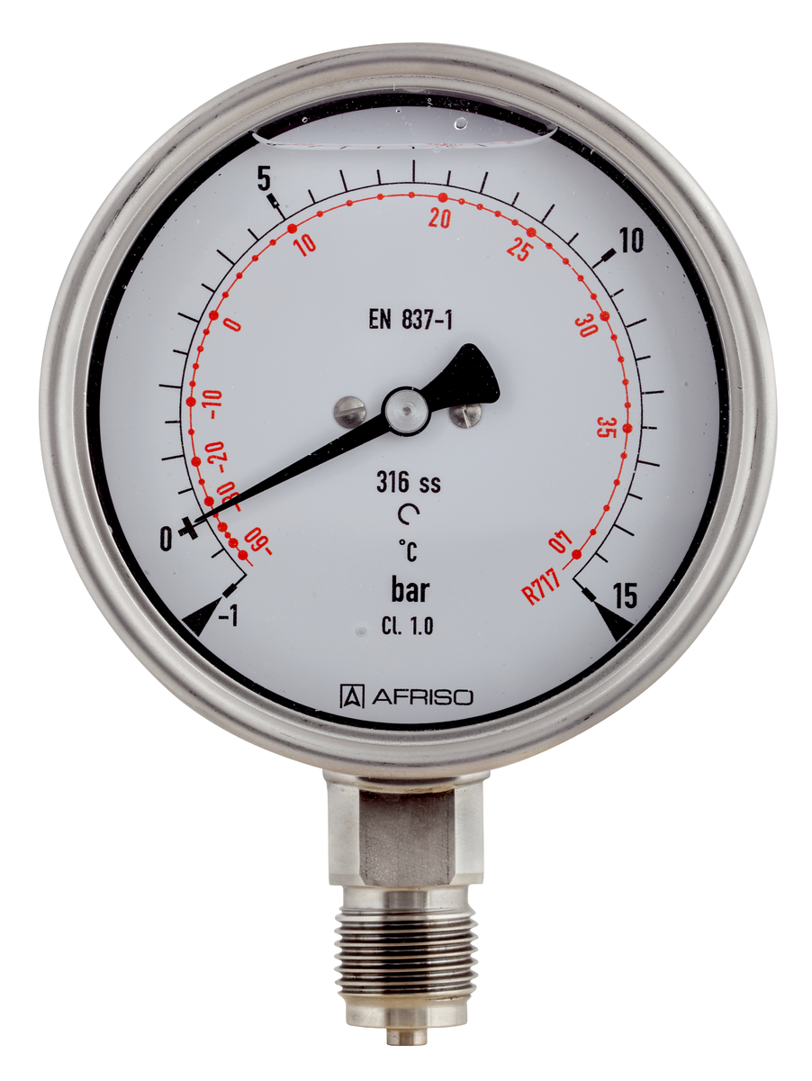 AFRISO Rohrfeder-Manometer RF100KTGly -1/+15bar G1/2B radial Kl.1,0 D802 für die Kältetechnik, mit Glyzerinfüllung VOR 52900