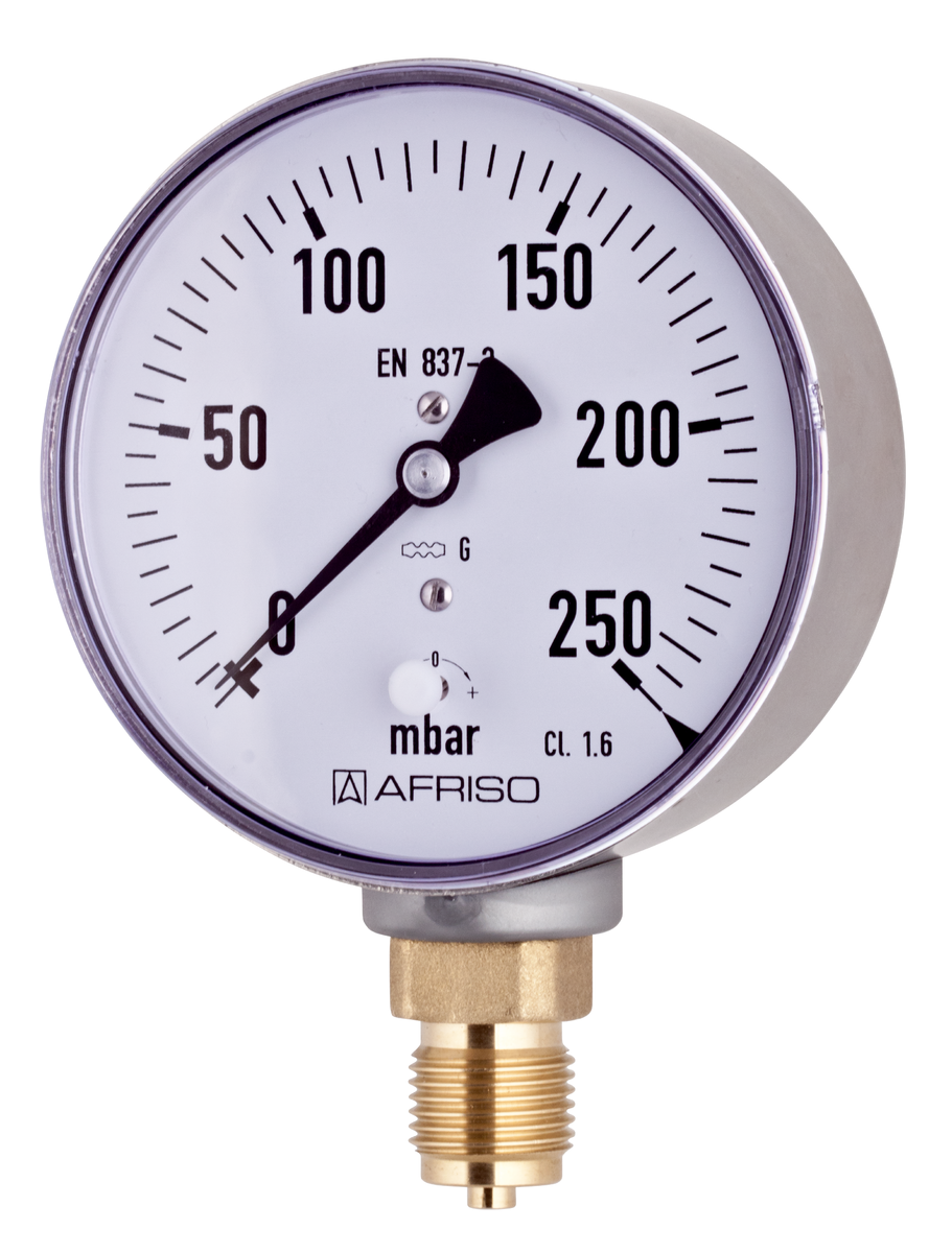 AFRISO Kapselfeder-Standardmanometer KP100 0/250mbar G1/2B rad Kl.1,6 D301 SAR 11340 5690