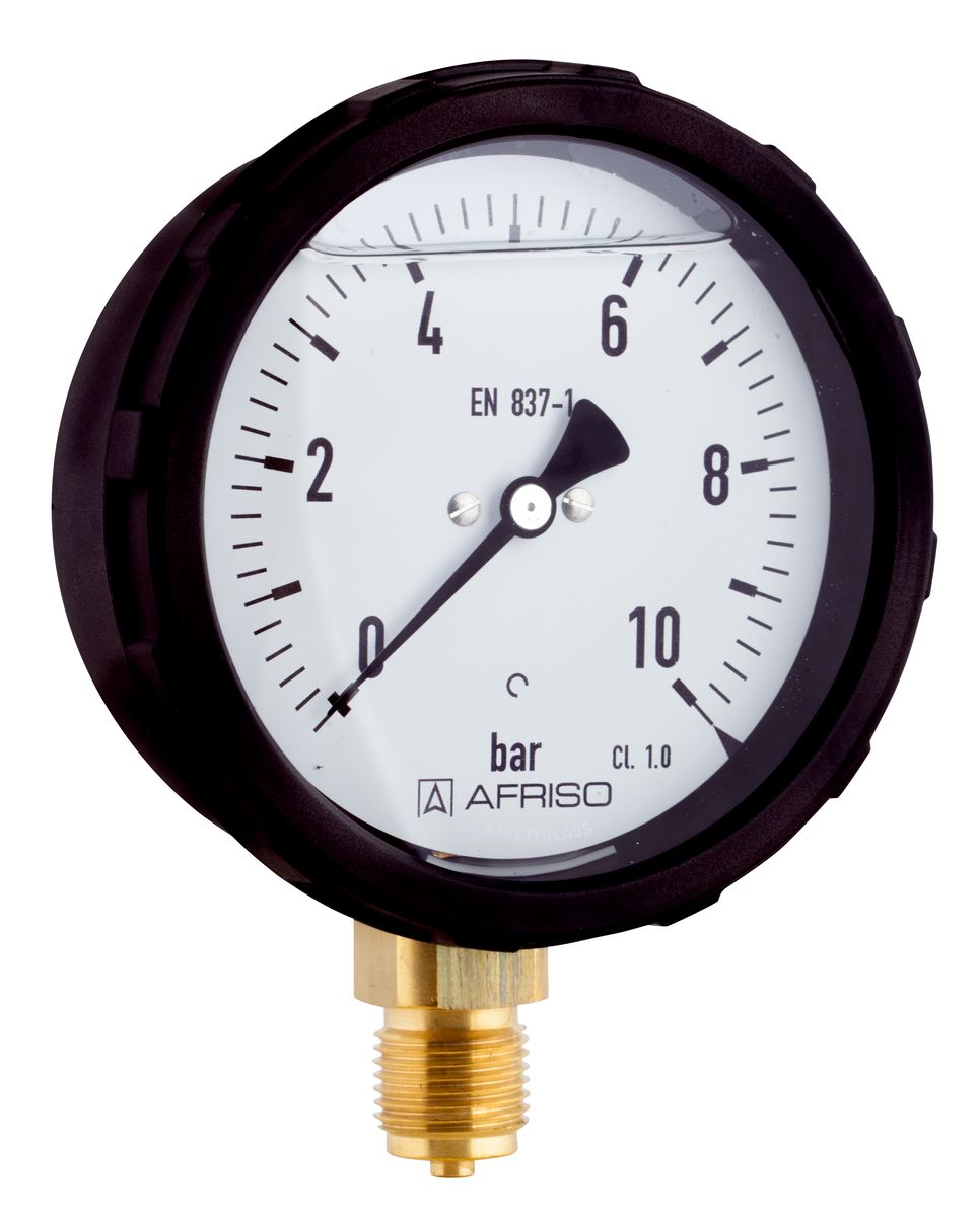 AFRISO Rohrfeder-Manometer RF100GlySR 0/10bar G1/2B radial Kl.1,0 D601 mit Schraubringgehäuse und Glyzerinfüllung 45670 object_image_79007imagemain_dech