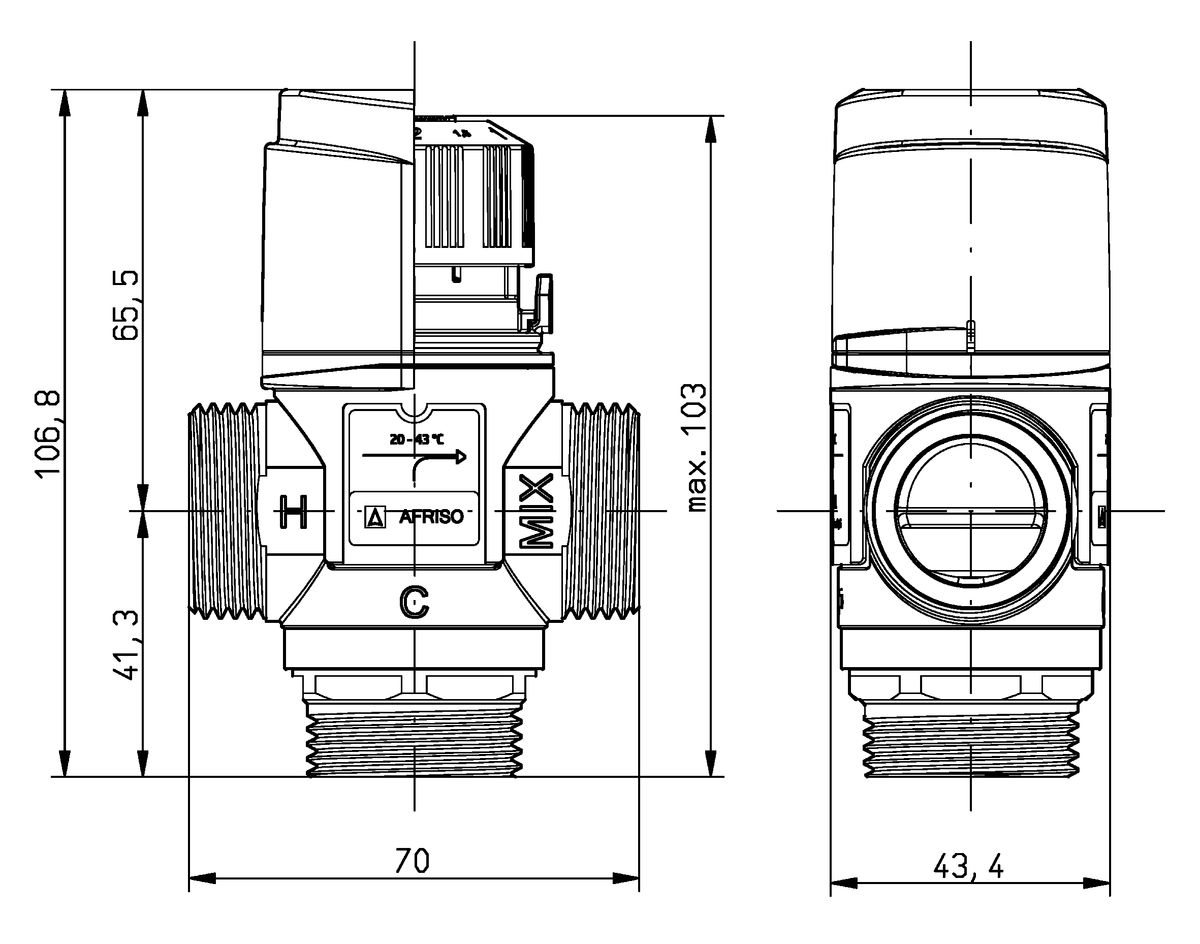 AFRISO Thermisches Mischventil ATM 341 G3/4, 20-43C, Kvs 1,6 m3/h BEF 108430 108440 108450 108460 108480 108490 108500 108510