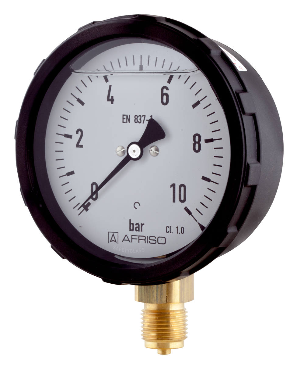 AFRISO Rohrfeder-Manometer RF100GlySR 0/10bar G1/2B radial Kl.1,0 D601 mit Schraubringgehäuse und Glyzerinfüllung SAR 45670