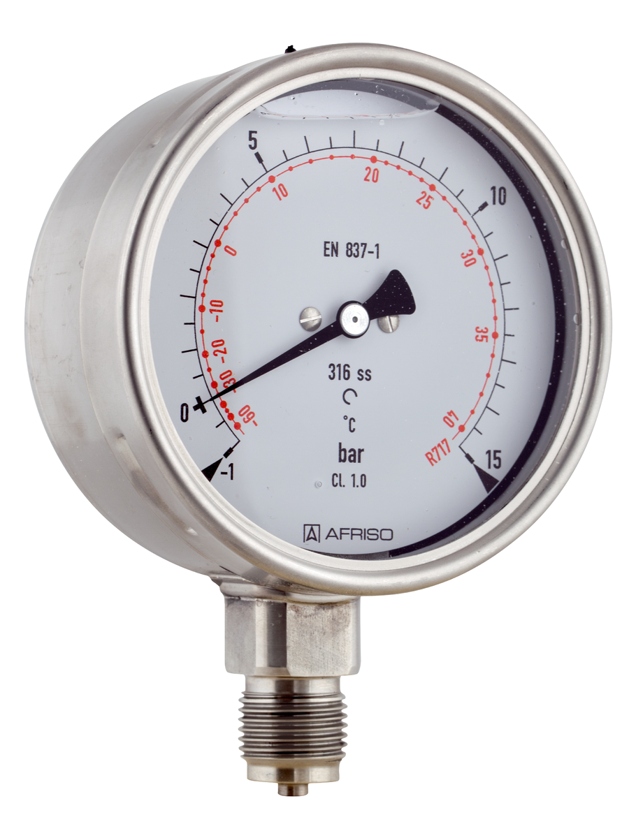 AFRISO Rohrfeder-Manometer RF100KTGly -1/+15bar G1/2B radial Kl.1,0 D802 für die Kältetechnik, mit Glyzerinfüllung 52900 object_image_79110imagemain_dech