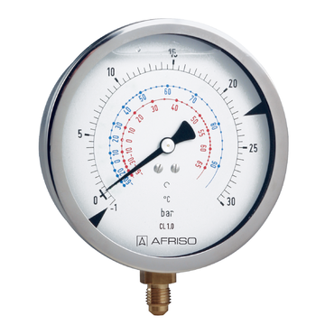 AFRISO Rohrfeder-Manometer RF100KTGly -1/30bar 7/16-20UNF radial Kl.1,0 D701 für die Kältetechnik, mit Glyzerinfüllung SAL 52620