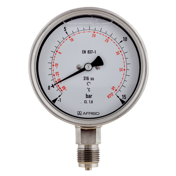 AFRISO Rohrfeder-Manometer RF100KTGly -1/+15bar G1/2B radial Kl.1,0 D802 für die Kältetechnik, mit Glyzerinfüllung VOR 52900