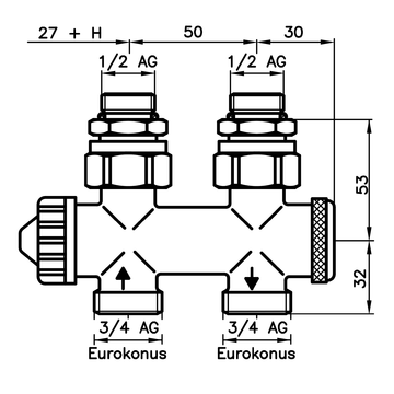 AFRISO Thermostat-Kombiblock Vario THK M Durchgang DN15 G1/2 AG BEF 91640